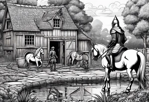 a knight kneeling with an old farm in the background and horses in the netherlands and a swimmingpool and an airfryer tattoo idea