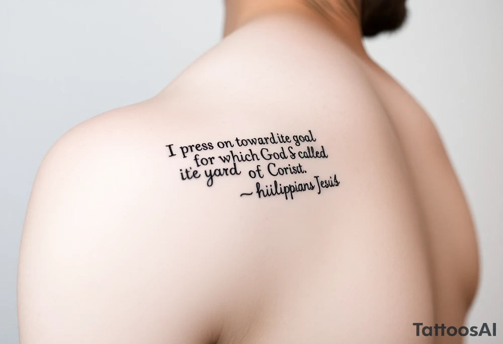 Minimalist tattoo on inner bicep. Mostly text of Philippians 3:14: I press on toward the goal to win the prize for which God has called me heavenward in Christ Jesus. tattoo idea