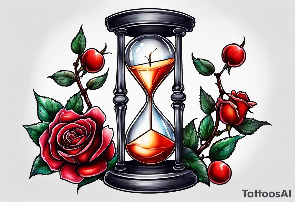 Rose beside hourglass with cherry tree tattoo idea