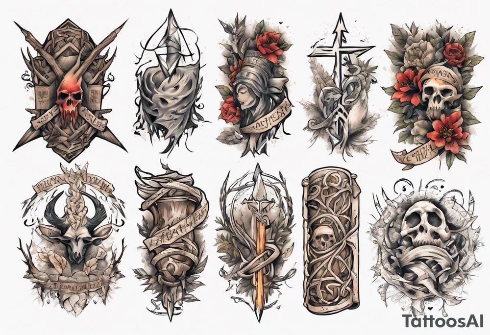 pagan sleeve with heathen writing tattoo idea