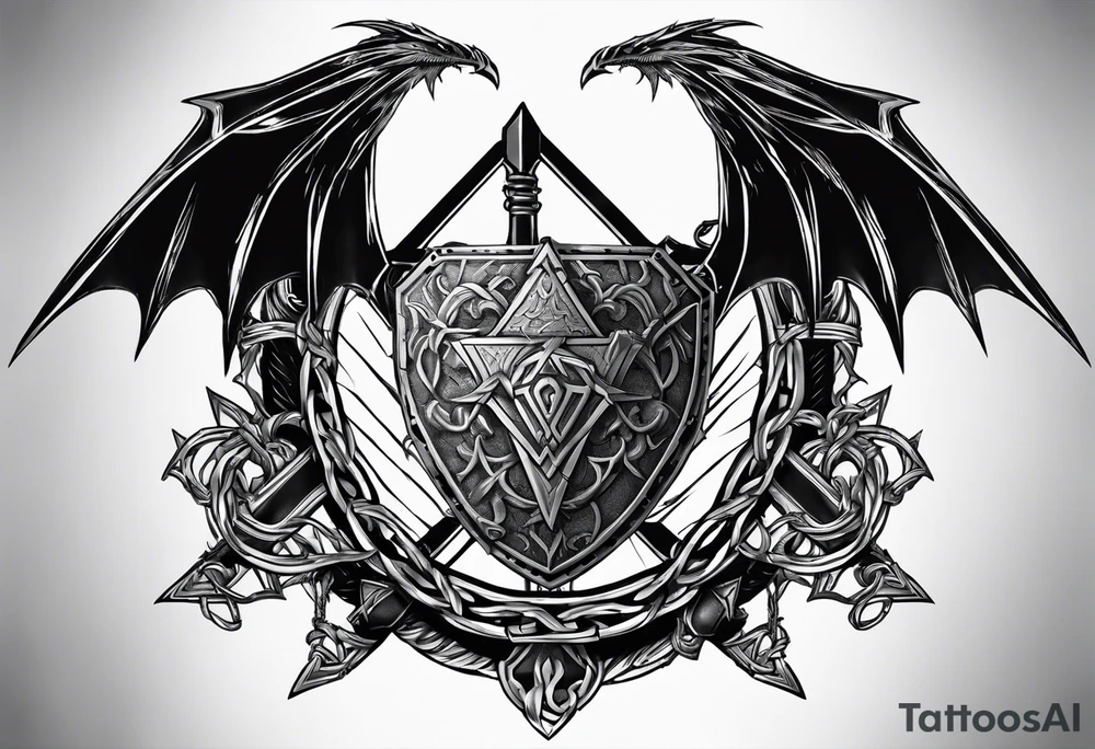 Valhalla sword shield dragon axe Valknut barbed wire chains tattoo idea