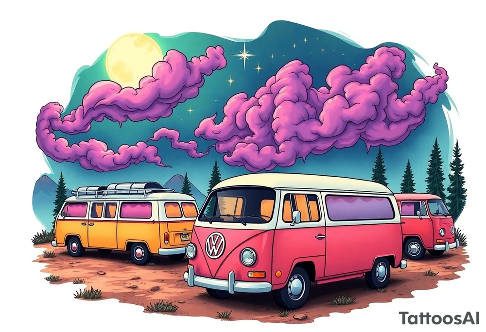 Tim Burton’s hippie commune outside view has lots of cute pastel volkswagon vans and cars  and dripping with muted reds, dusty pinks, and eerie green glow purple and cyan smokey clouds swirl and dance in the moonlit night sky filled with twinkling stars  tattoo idea tattoo idea