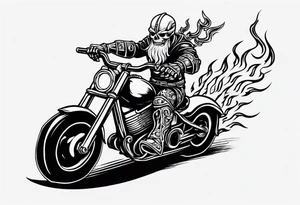 A viking skeleton riding a motorcycle with flames front view tattoo idea