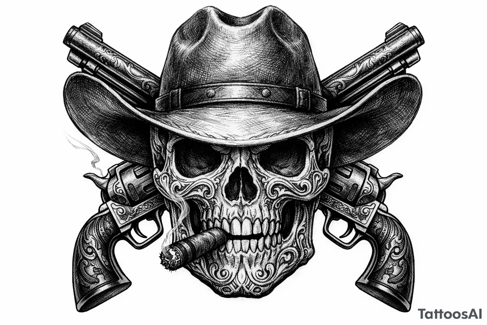 Close-up skull, ornate engraving, Stetson hat, cigar, revolvers framing face tattoo idea