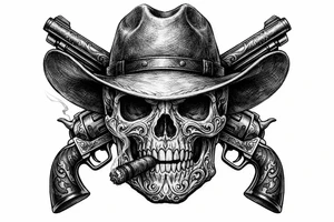 Close-up skull, ornate engraving, Stetson hat, cigar, revolvers framing face tattoo idea