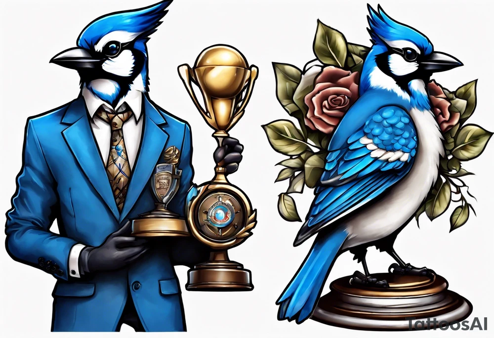 bluejay in a suit holding a trophy tattoo idea