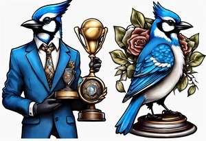 bluejay in a suit holding a trophy tattoo idea