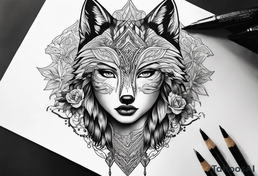 wolf's and woman's head split in half tattoo idea