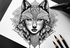 wolf's and woman's head split in half tattoo idea