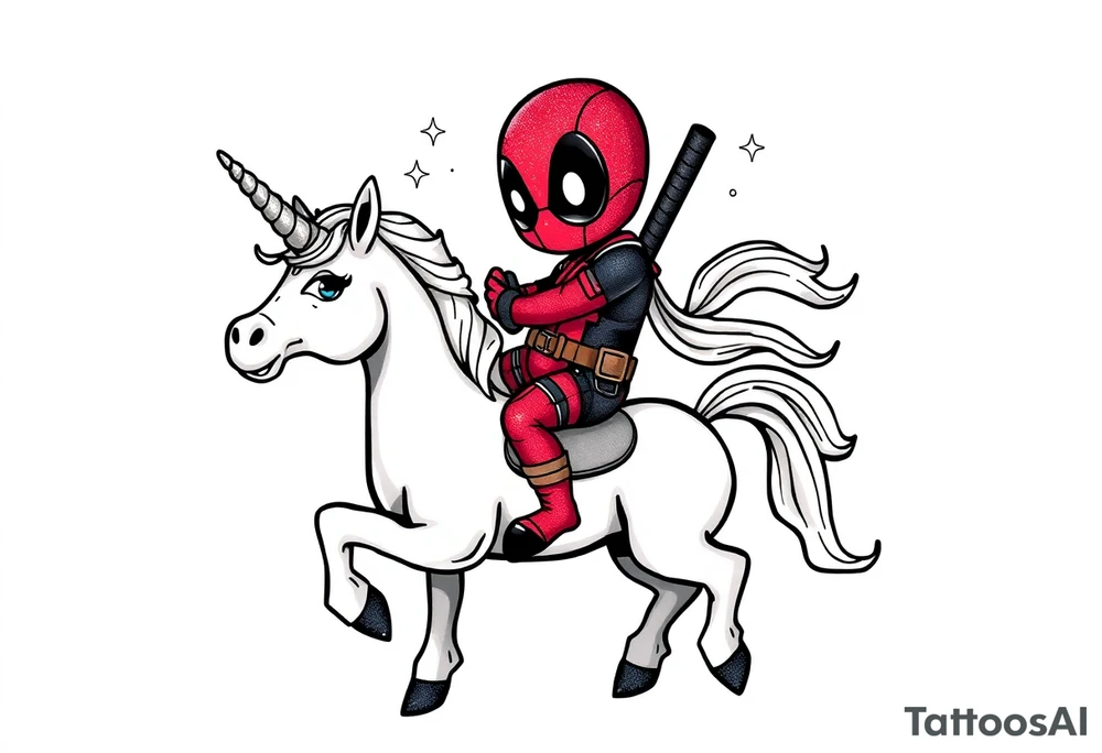Silly glittery Deadpool riding unicorn tattoo idea