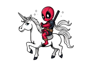 Silly glittery Deadpool riding unicorn tattoo idea