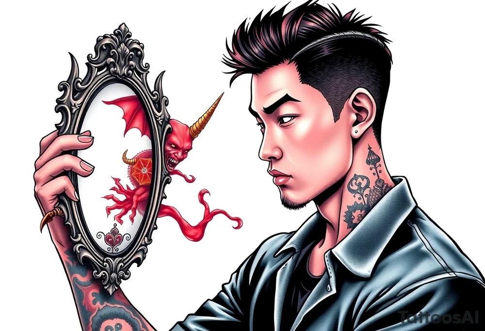 Handsome Asian young guy is looking in cursed mirror and see devil tattoo idea