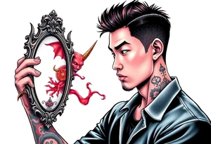 Handsome Asian young guy is looking in cursed mirror and see devil tattoo idea