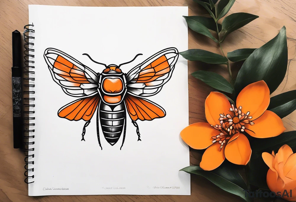 Neo traditional Cicada with orange flowers tattoo idea