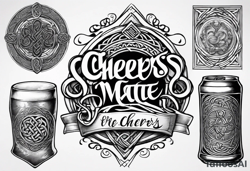 Cheers Mate text, armband +Celtic +grey Cancer Ribbon +tribal +artistic tattoo idea