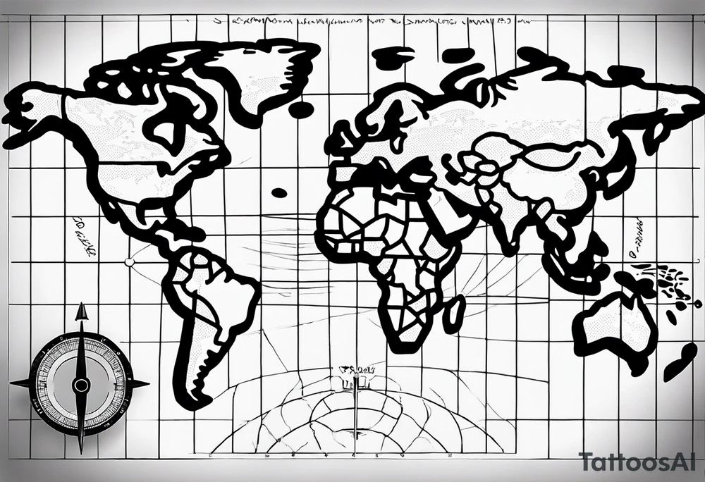 a flat map of the earth on a small fading grid with one small compass in the corner that would go on a left pec tattoo idea