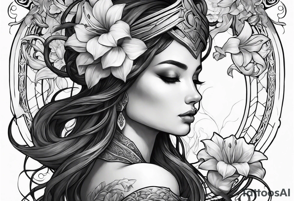 a side view of lilith holding a serpent and surrounded by lilies tattoo idea