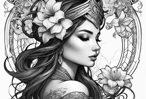 a side view of lilith holding a serpent and surrounded by lilies tattoo idea