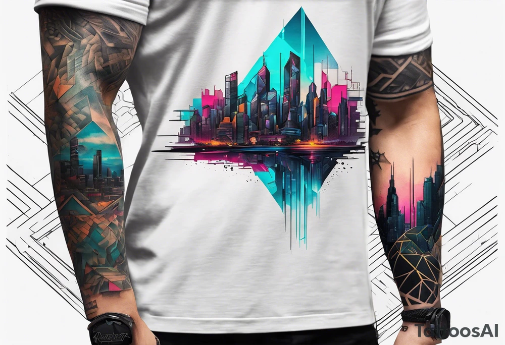 cyberpunk 2077, forearm tattoo, geometric, subtle, men, city skyline, bright colour, tattoo idea