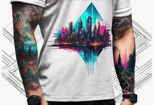 cyberpunk 2077, forearm tattoo, geometric, subtle, men, city skyline, bright colour, tattoo idea