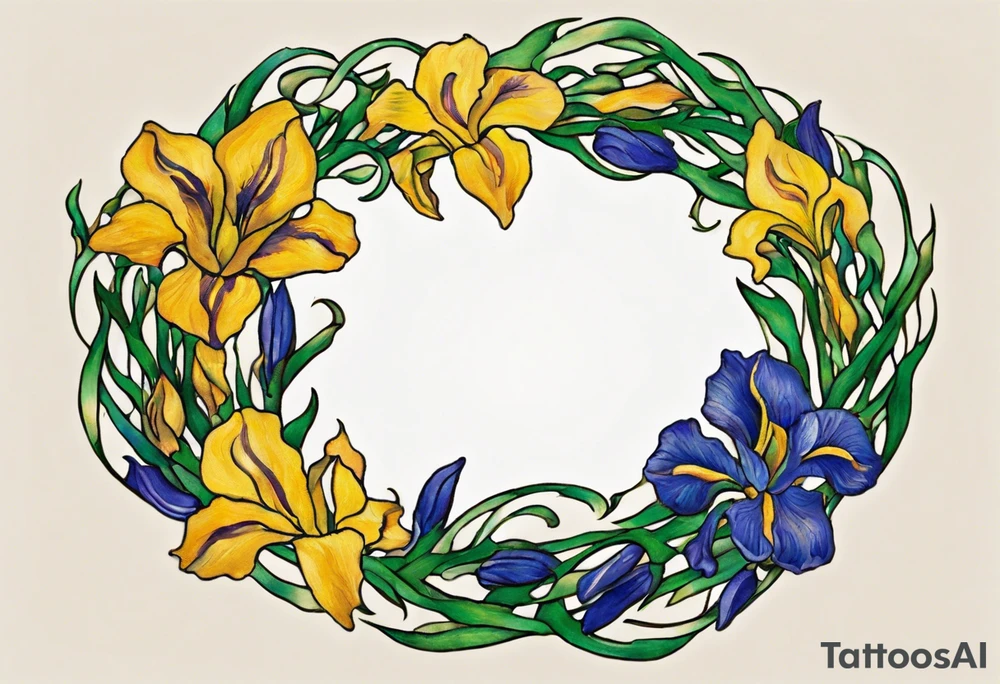 Create a small colorful Vincent van Gogh Irises tattoo in the form of a crescent, with vines or Celtic knots gracefully intertwining at a central point in the middle of the wreath.  In the middle of the wreath are mountains and other items found in New Mexico. Ensure that the design avoids the appearance of a bush and maintains a more structured and deliberate arrangement. The intended placement is on the upper chest. The overall design should be small in size while maintaining a delicate and artistic aesthetic. Pay attention to the graceful flow of the vines and the placement of the irises to achieve a refined and elegant look. tattoo idea