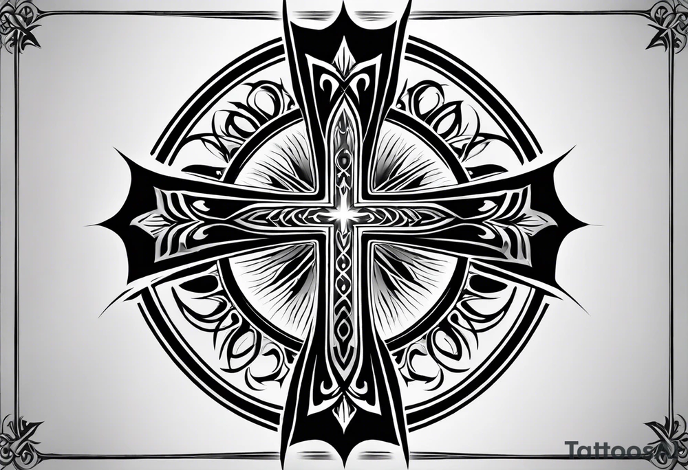 Tribal Tattoo: A refined cross with a soft halo on top of it, symbolizing light and spirituality. Delicate rays extend outward from the halo, adding a subtle glow and depth. The cross itself is simple and elegant, with potential for small, intricate line details within the design. Style: Tribal tattoo idea