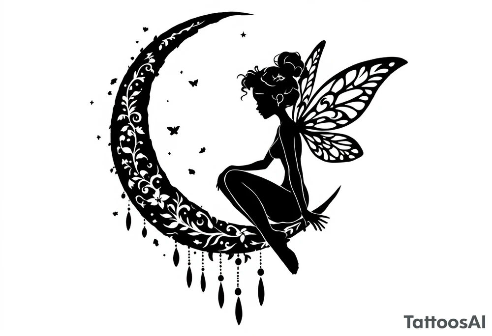 Silhouette of a Fairy sitting on moon with dangles. tattoo idea