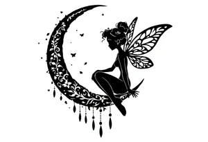 Silhouette of a Fairy sitting on moon with dangles. tattoo idea