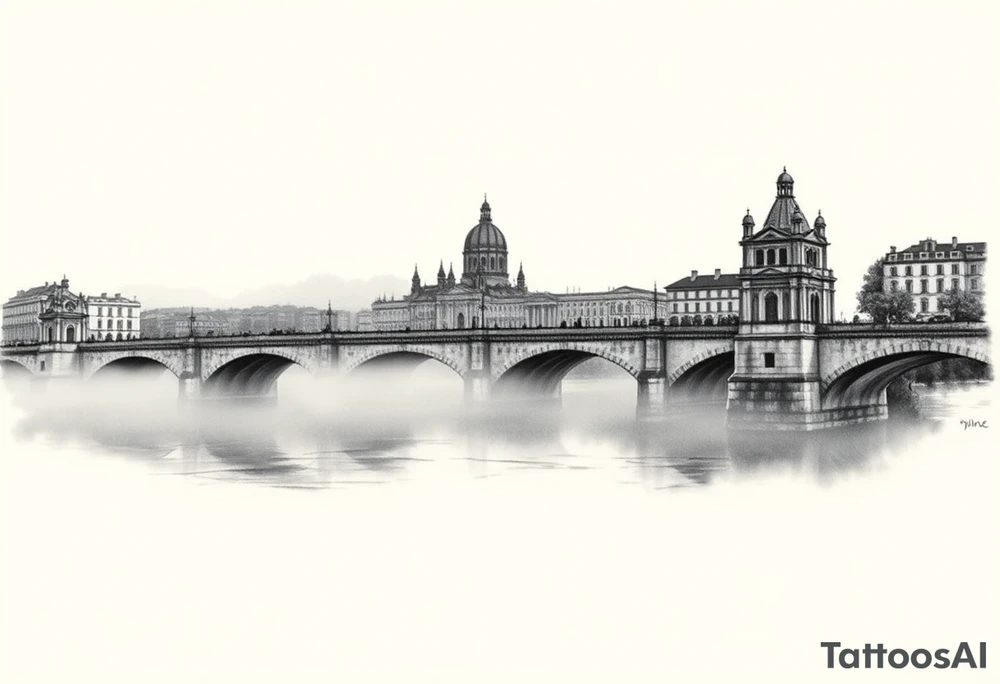 A realistic Charles Bridge silhouette, with fog rolling over the Vltava River, using soft grayscale shading with a hint of blue. tattoo idea