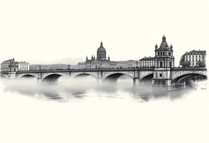 A realistic Charles Bridge silhouette, with fog rolling over the Vltava River, using soft grayscale shading with a hint of blue. tattoo idea