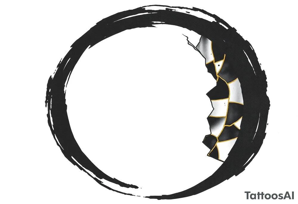 A Japanese‑inspired tattoo of a thick Zen ensō circle, drawn with a bold, hand‑painted black ink brushstroke. The circle is imperfect and organic, with visible texture and subtle variation in line thickness. About the last quarter of the circle, near the top‑right, transforms into a cracked ceramic segment that has been repaired using kintsugi: visible broken pieces outlined and joined by thin, flowing gold lines. There should be a couple big pieces rather than lots of small ones. The gold seams follow the natural fractures of the ceramic section, creating several branching cracks rather than a single line, clearly distinguishing this repaired portion from the rest of the smooth ink circle. The transition from ink to ceramic should feel natural, as if the painted circle solidifies into a fragile object that has been lovingly mended. Keep the interior of the circle empty, with a clean white background and no extra symbols or text. Design it as a black and gray tattoo with a subtle metallic gold effect on the kintsugi seams, suitable for a medium‑sized placement on the back of the bicep. tattoo idea