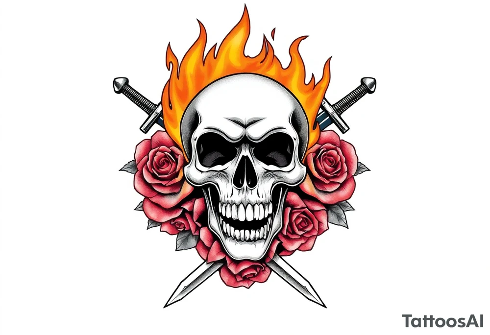 Skull engulfed in flames, crossed swords behind, blooming roses. tattoo idea