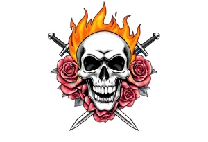 Skull engulfed in flames, crossed swords behind, blooming roses. tattoo idea