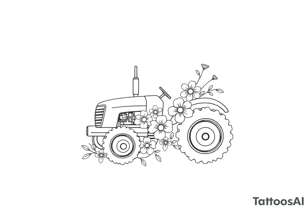 feminine tractor with flowers tattoo idea