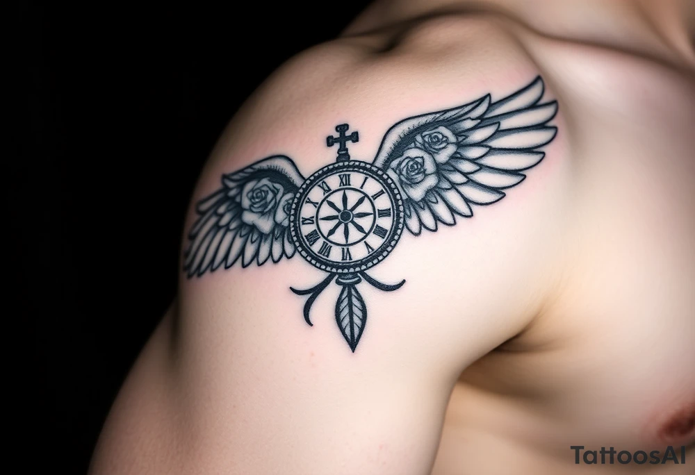 Wing with compass  a clock  with roses tattoo idea