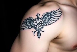 Wing with compass  a clock  with roses tattoo idea