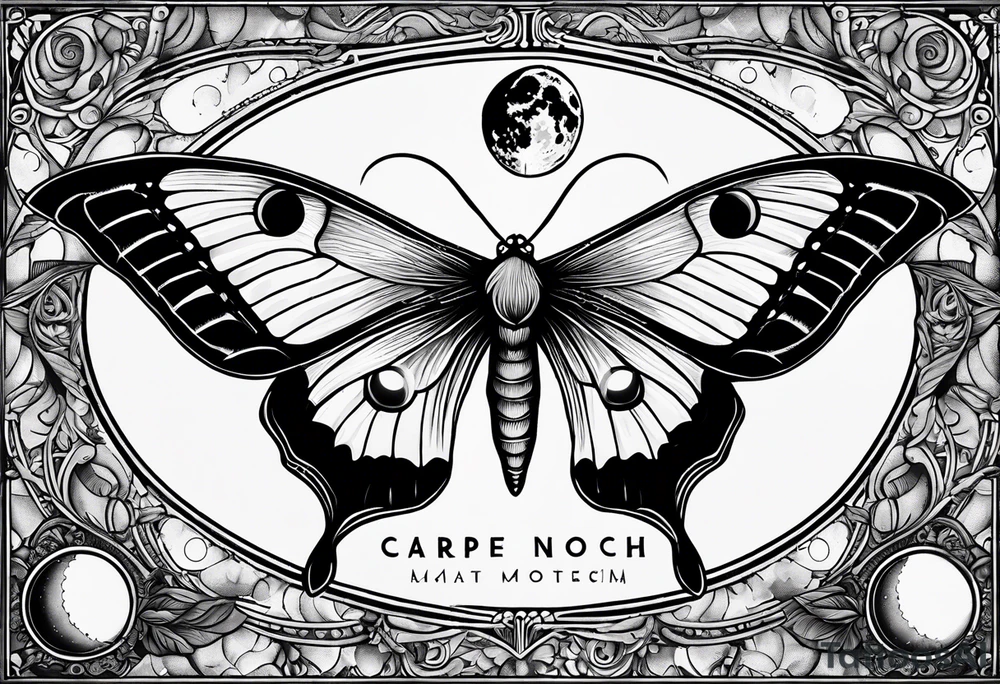 luna moth anatomically correct with moon phases arched under the moth, and the words "carpe noctem" above it in sans serif font tattoo idea