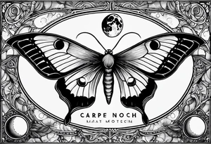 luna moth anatomically correct with moon phases arched under the moth, and the words "carpe noctem" above it in sans serif font tattoo idea