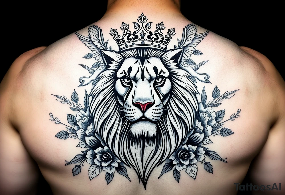 powerful majestic lion with a crown, surrounded by floral ornaments and birds tattoo idea