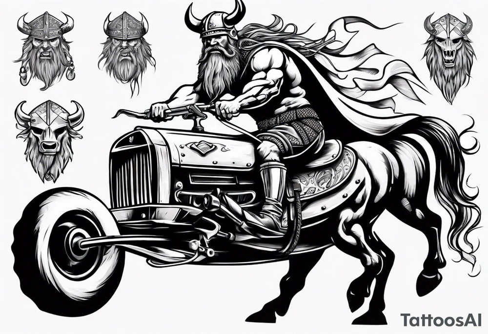 Viking riding an old mustang car tattoo idea