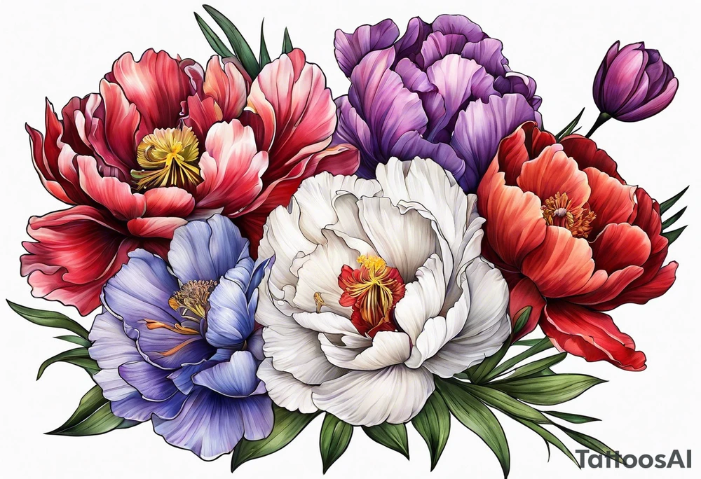Peony iris cosmos poppy and gladiolus flowers tattoo idea