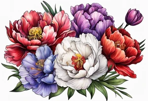 Peony iris cosmos poppy and gladiolus flowers tattoo idea