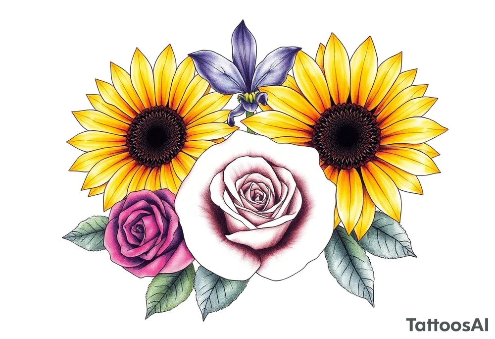 Sunflower, Violet and a Rose flowers tattoo idea