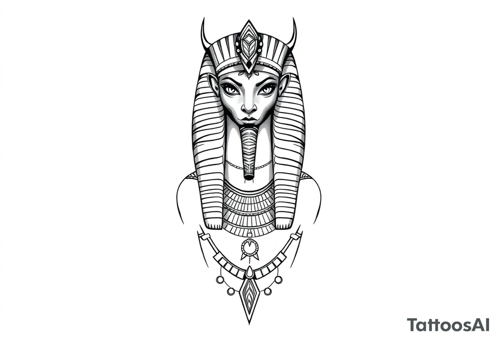 Tatuagem egípcia feminina detalhada, representando o deus Horus na sua forma animal, com adornos e simbolos tradicionais egípicios, a figura está em posição frontal, com detalhes hieroglíficos sutis ao redor, integrados harmonicamente. Fundo minimalista, inspirado em papiro antigo, com tons terrosos suaves. Estilo artístico com traços finos, sombra leve para destacar volume, ideal para a parte frontal da canela, transmitindo elegância e misticismo. tattoo idea