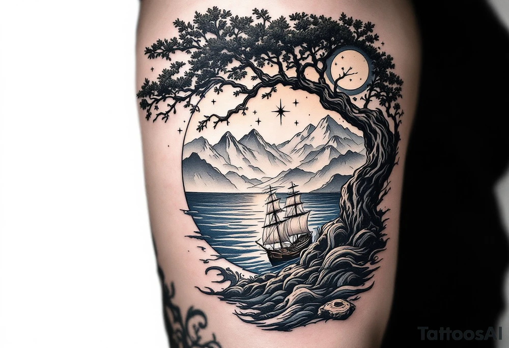 tattoo that has an acacia tree with mountains, ocean with a ship wreck and the northern star tattoo idea