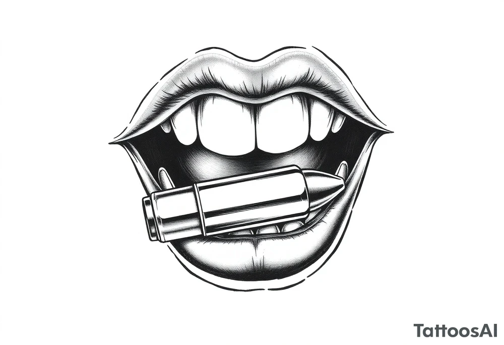 A set of lips snarling with 50cal round between teeth tattoo idea