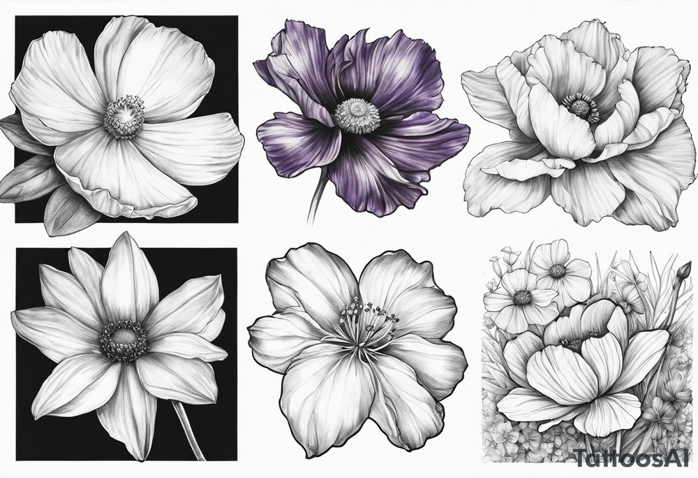 1 cosmos flower, 1 iris, 1 larkspur, 1 daisy, 1 poppy tattoo idea
