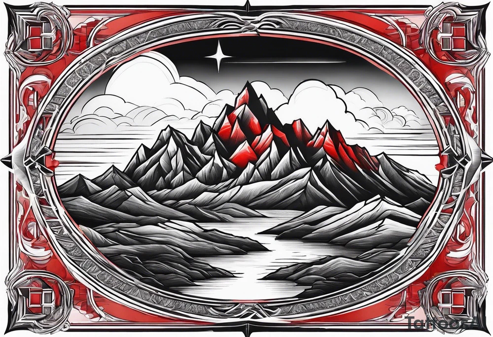red mountains on which there are two castles tattoo idea