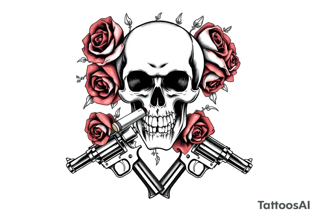 A skull smoking a cigar, entwined with thorny red roses, crossed revolvers below. tattoo idea