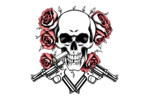 A skull smoking a cigar, entwined with thorny red roses, crossed revolvers below. tattoo idea